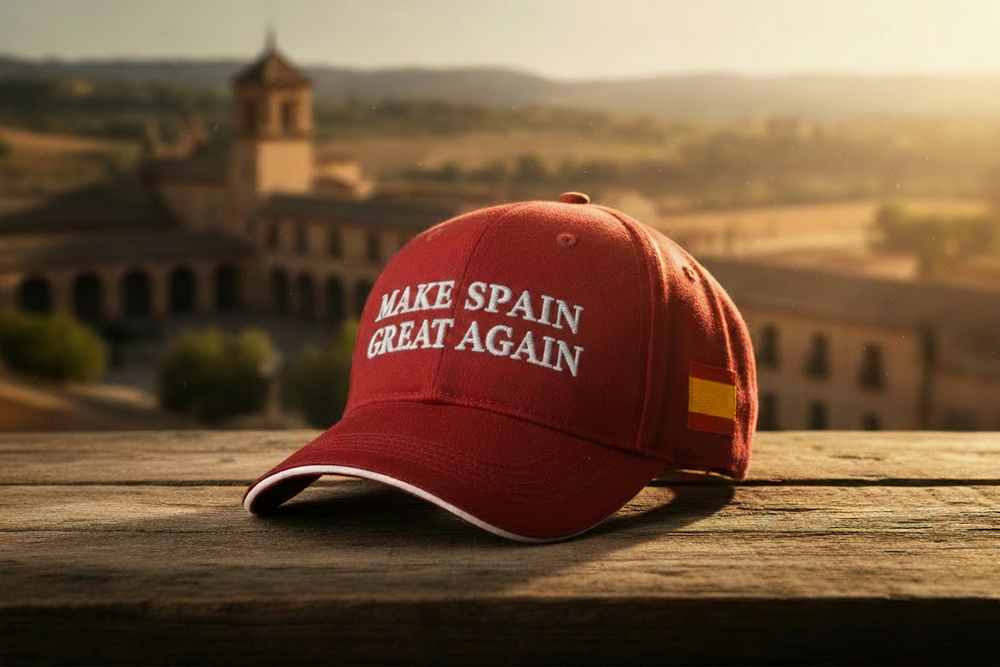 Gorra roja con frase bordada Make Spain Great Again, vista frontal